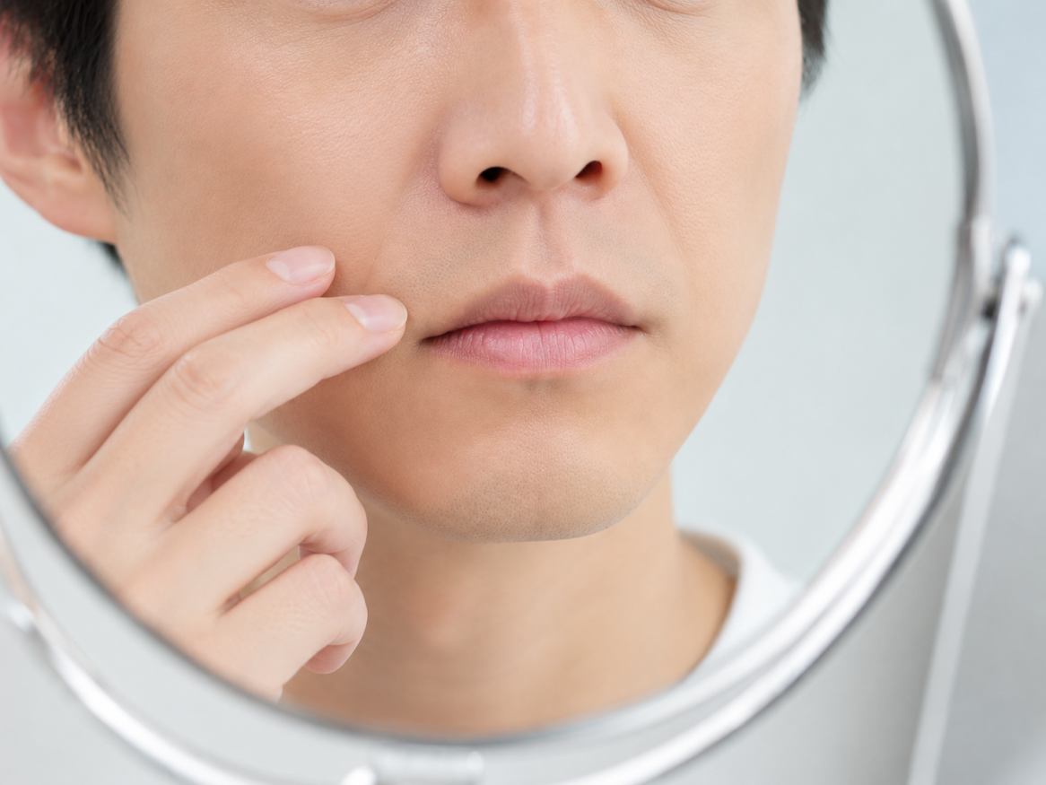 鏡を見てほうれい線を気にしている男性