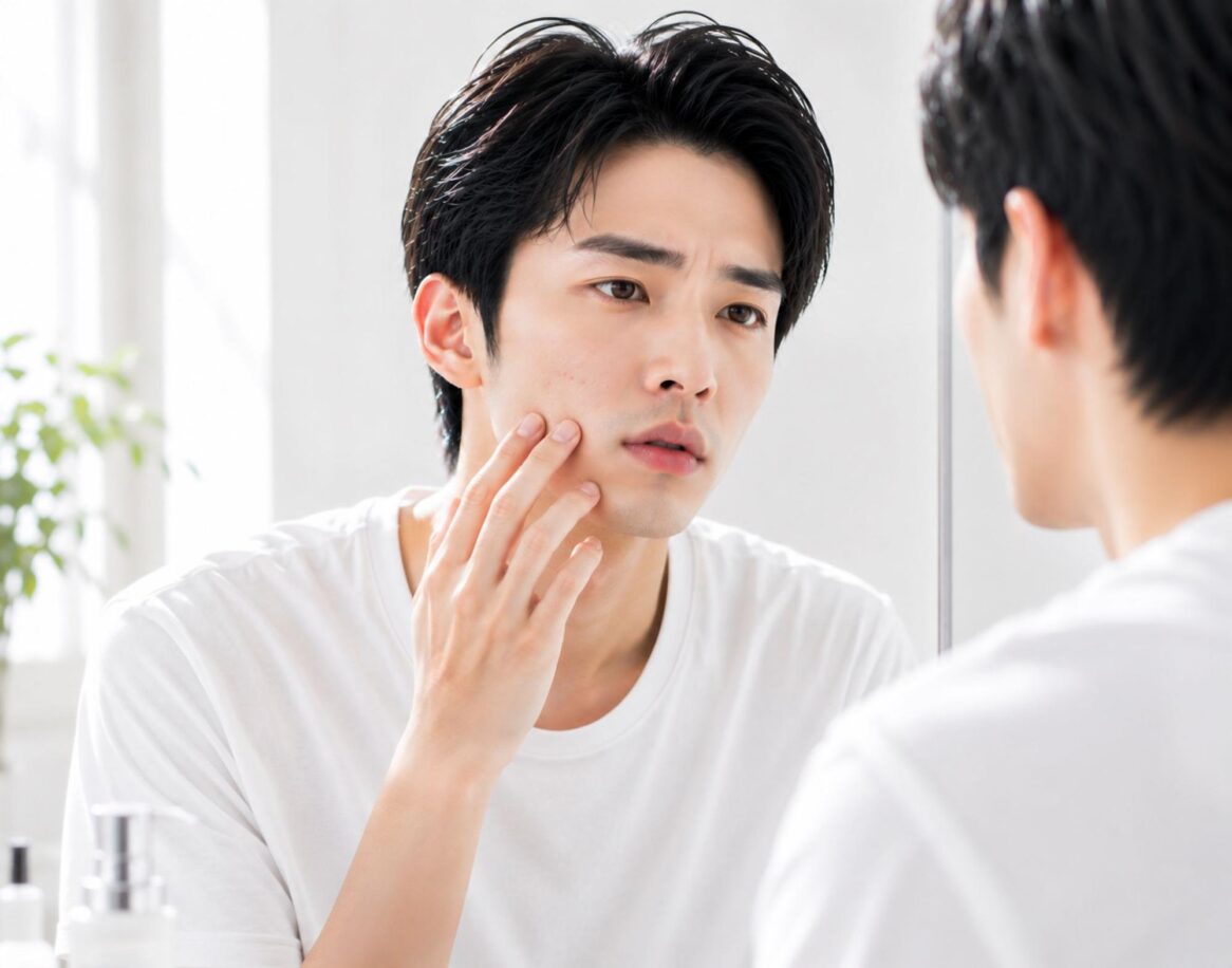 鏡を見て頬を触っている男性