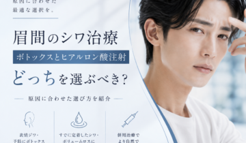 男性の眉間のシワにはボトックスとヒアルロン酸注射どっちがいいのか解説する記事のアイキャッチ画像。眉間のシワを気にする男性が写っている