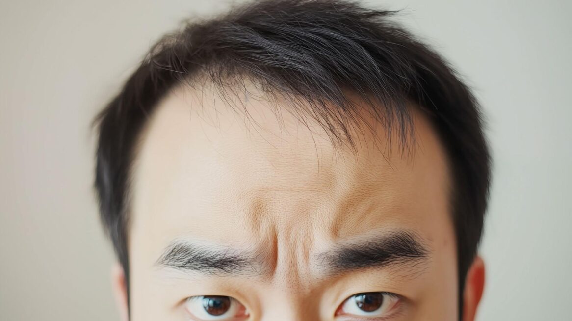 眉間にシワがある男性