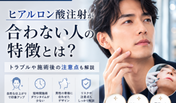 ヒアルロン酸注射が合わない人の特徴などについて解説する記事のアイキャッチ画像。容姿端麗な男性とヒアルロン酸注射を受けている男性が写っている