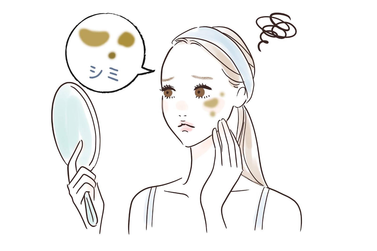 シミに悩んで鏡を見ている女性のイラスト