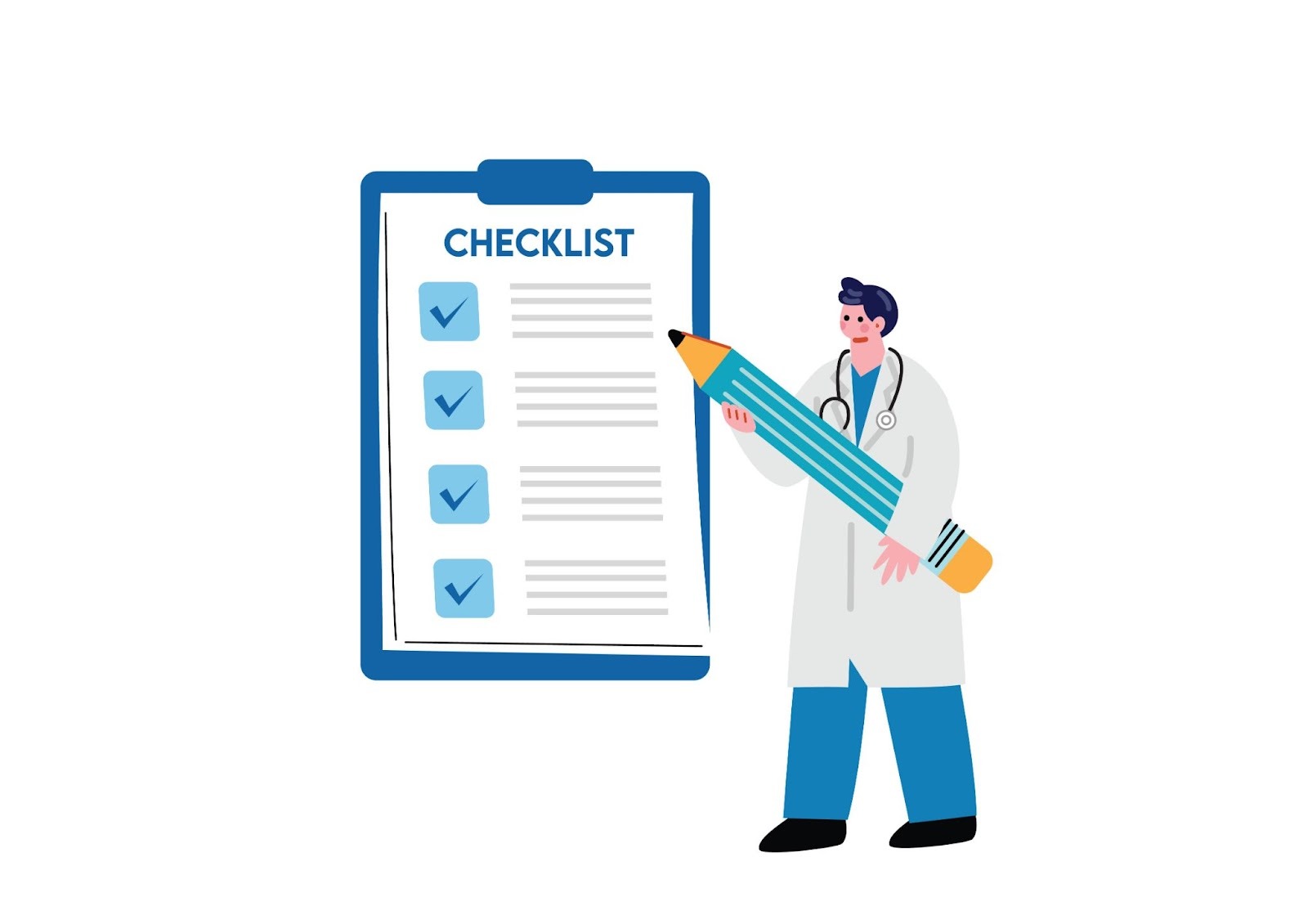 チェックリストと書かれた紙と鉛筆を持った医師のイラスト