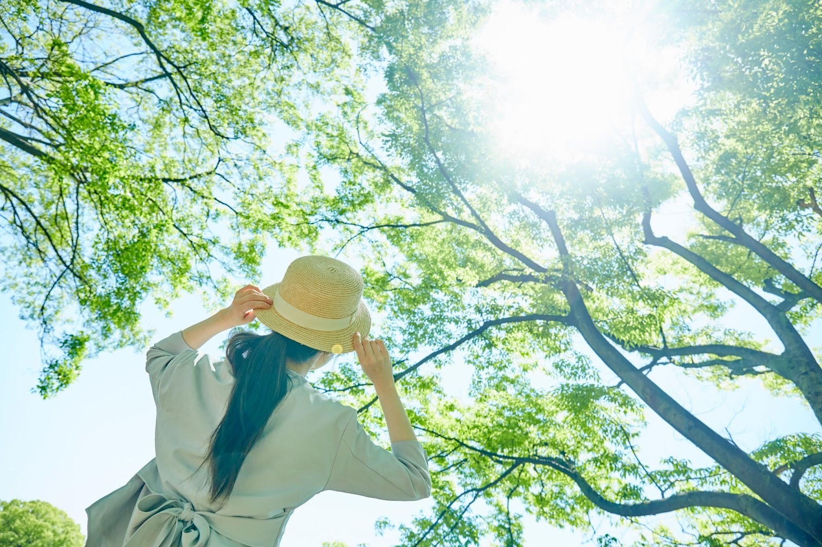 木々の合間から強い日差しが降り注いでおり、女性は帽子を被って紫外線対策をしている