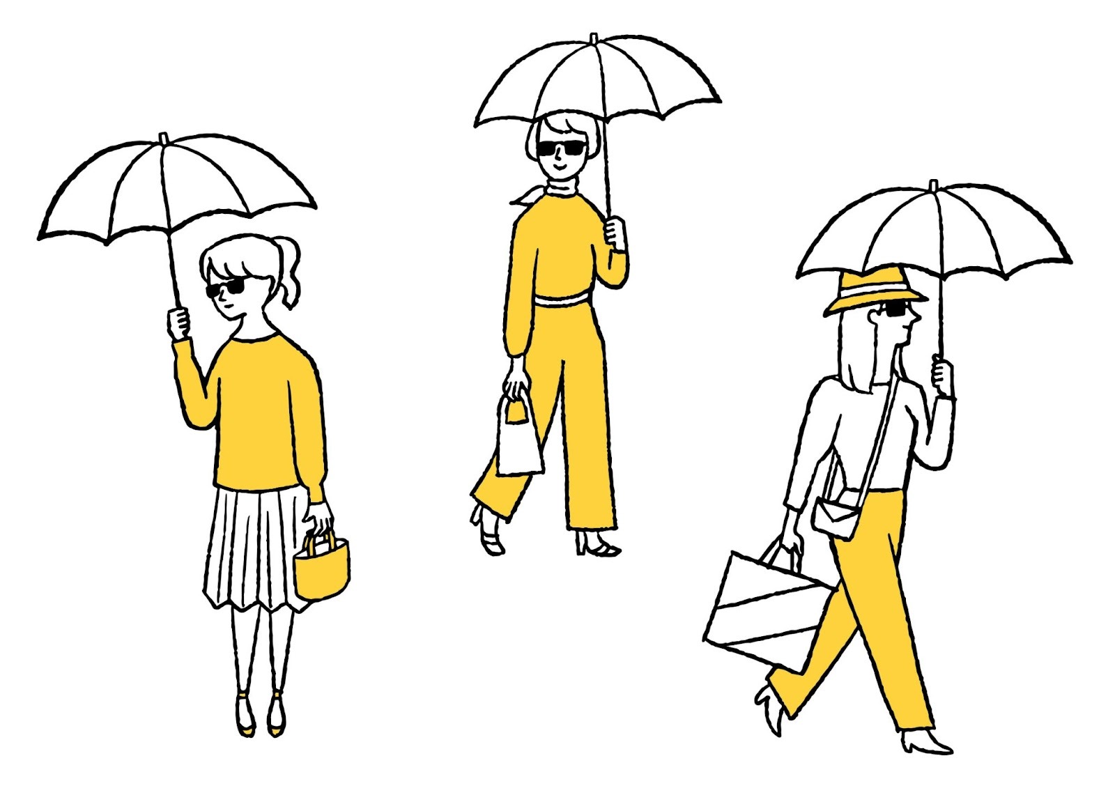 たるみ対策として紫外線対策をしている3人の女声のイラスト。サングラスをかけて日傘をさしている