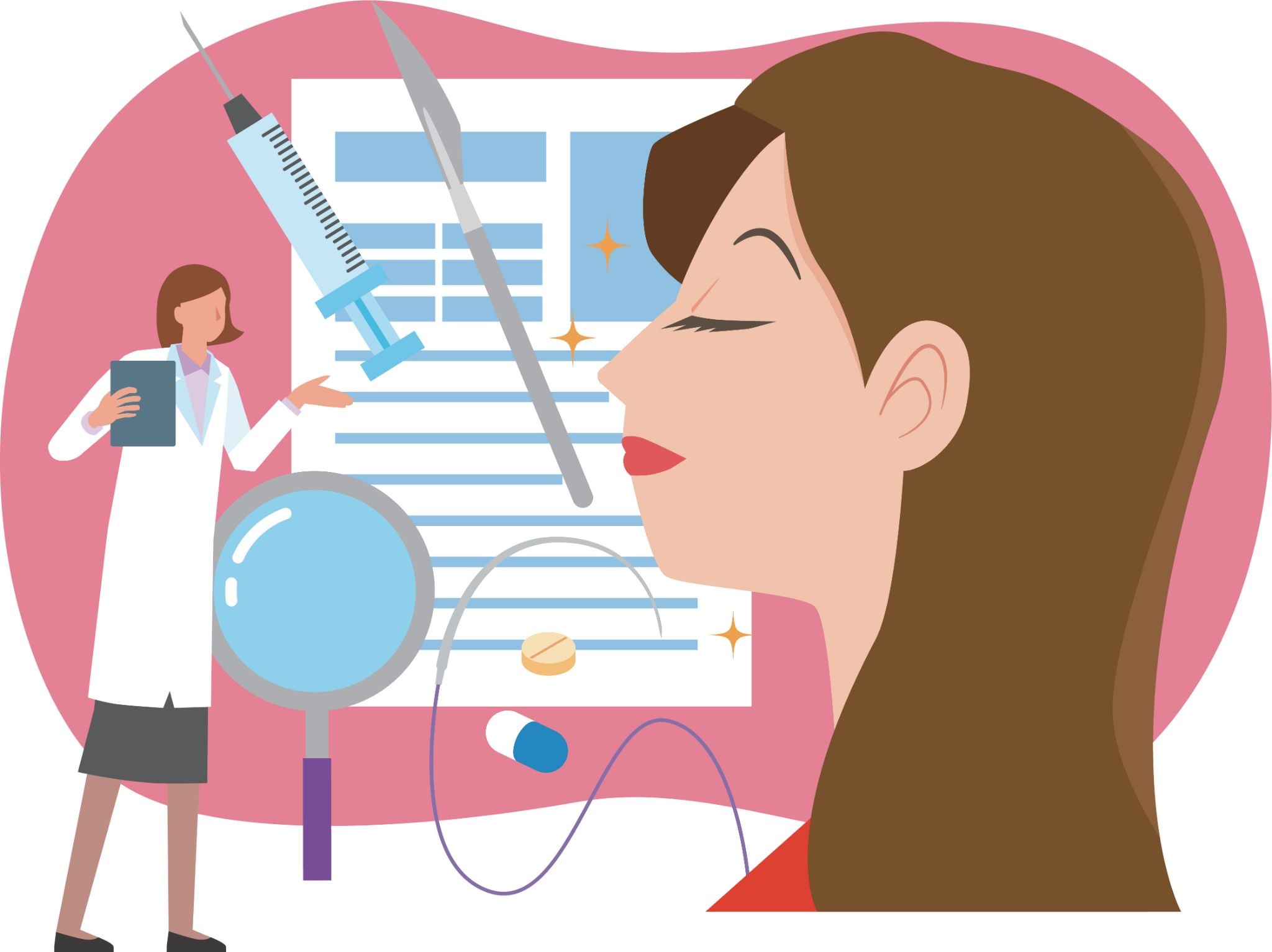 女性の横顔と医師、注射器など整形イメージのイラスト