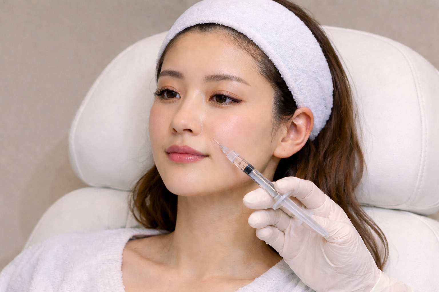 ほうれい線の注入治療を受けている若い女性