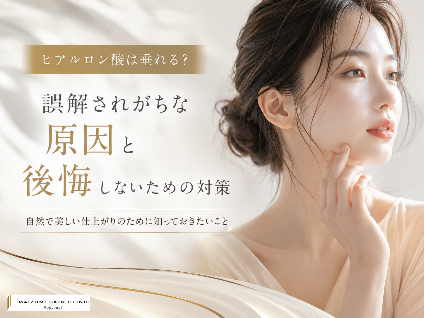 ヒアルロン酸は垂れるのかについて解説する記事のアイキャッチ画像。美しい女性が写っている
