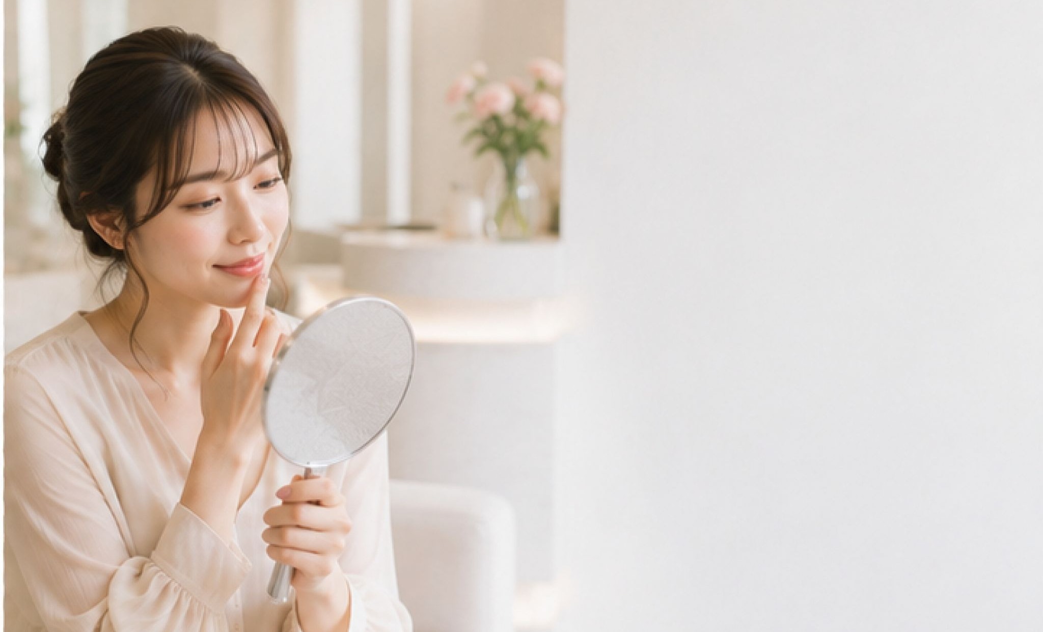 鏡で自分の人中を見ている女性