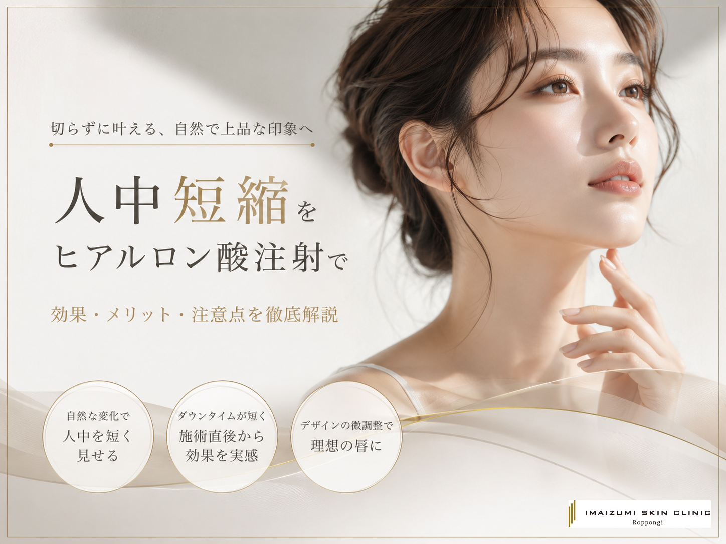 人中短縮のヒアルロン酸注射について解説するコラムのアイキャッチ画像　美しい女性と記事概要の説明テキスト