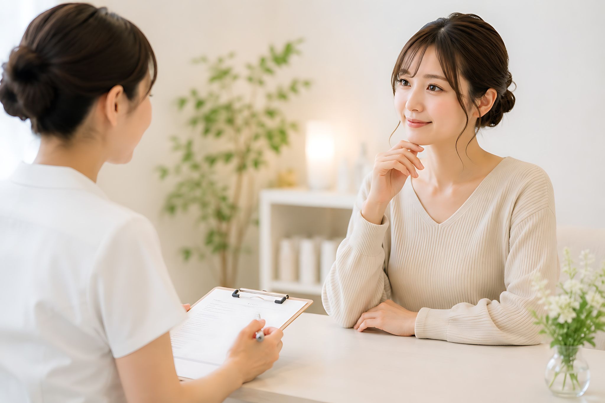 口角ヒアルロン酸について説明を受けている女性