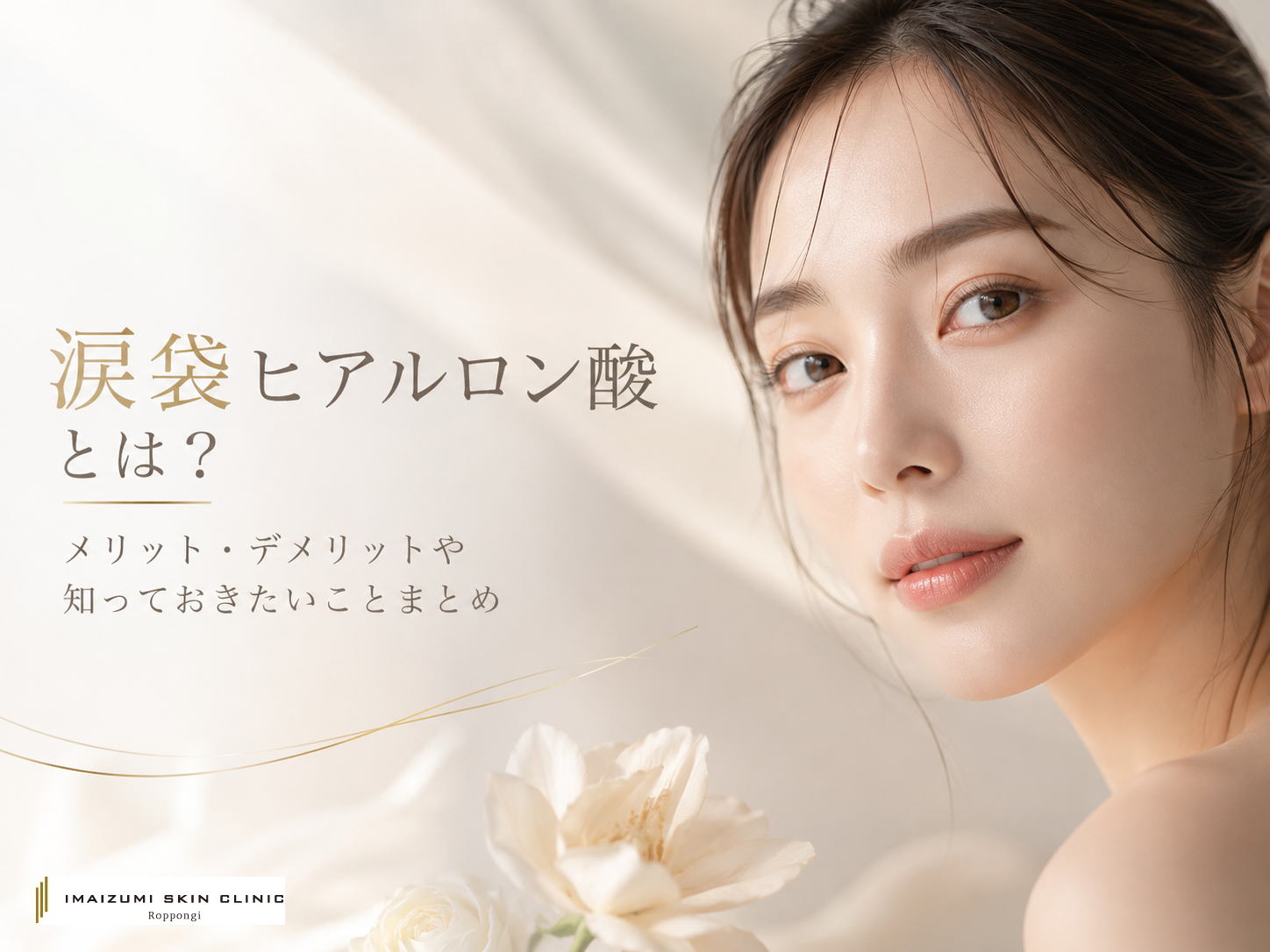 涙袋ヒアルロン酸について解説する記事のアイキャッチ画像　涙袋のある女性と説明テキスト