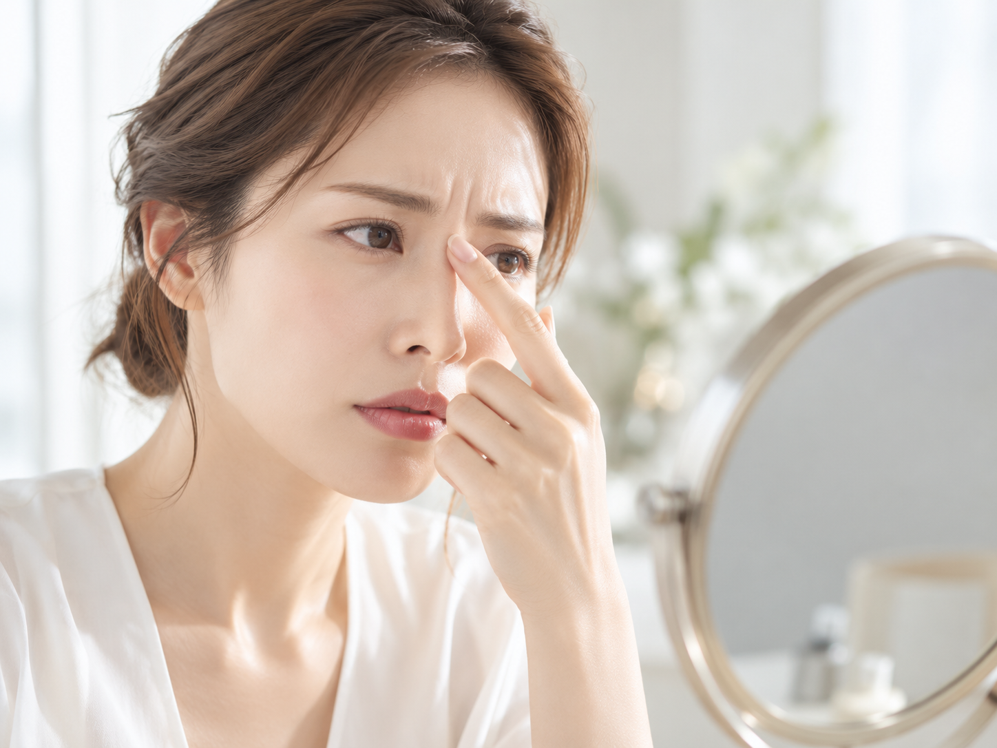 目と目の間のしわを気にして鏡を見ている女性